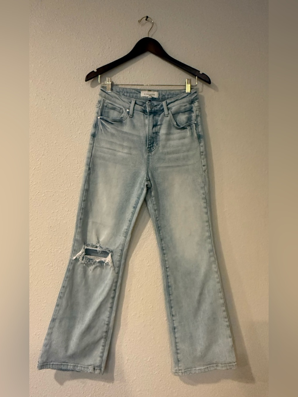 RISEN High Rise Distressed Crop Flare Jeans Light Wash Size 7/28